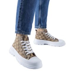 Brązowe trampki zdobione monogramem Terenzio beżowy. Brązowe trampki i tenisówki damskie z aplikacjami, z tkaniny, bez zapięcia. Za 73.01 zł.