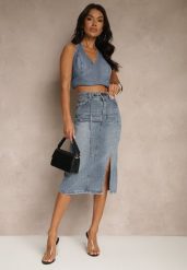 Granatowa Jeansowa Spódnica z Bawełny z Łańcuchem Lilurea. Niebieskie spódnice damskie Renee, l, bez wzorów, z bawełny, eleganckie, midi, koszulowe. Za 59.99 zł.