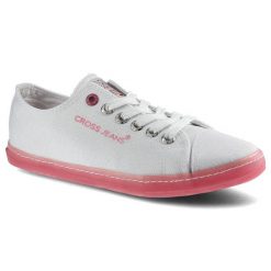 Trampki damskie Cross Jeans, z materiału tekstylnego o drobnym splocie z klasycznym sznurowaniem gumowym noskiem oraz płaską podeszwą z kontrastowym. Białe trampki i tenisówki dziewczęce Cross Jeans, na lato, bez wzorów, z gumy, przed kostkę, bez zapięcia. Za 79.00 zł.