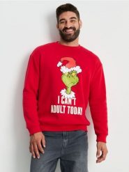 Bluza crewneck regular Grinch - czerwony. Czerwone bluzy męskie Sinsay, l, bez wzorów, bez kaptura. Za 59.99 zł.