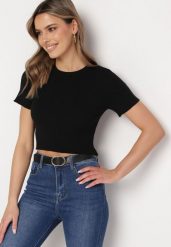 Czarny Krótki T-shirt z Prążkowanej Dzianiny Clutia. Czarne bluzki damskie Born2be, m, bez wzorów, z dzianiny, bez kołnierzyka. Za 54.99 zł.