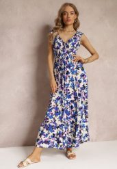 Fioletowo-Niebieska Kopertowa Sukienka Maxi w Kwiaty z Gumką w Pasie z Wiskozy Marielys. Fioletowe sukienki damskie Renee, l, bez wzorów, z tkaniny, bez kołnierzyka, bez ramiączek, maxi, kopertowe. Za 74.99 zł.