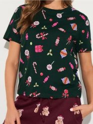 Bawełniana koszulka ze wzorkiem świątecznym - zielony. Zielone t-shirty damskie Sinsay, l, bez wzorów, z bawełny, wizytowe, bez kołnierzyka. Za 15.99 zł.