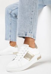 Biało-Złote Sneakersy na Grubej Podeszwie z Cyrkoniami i Metalicznymi Wstawkami Arelai. Białe obuwie sportowe damskie Born2be, bez wzorów, z jeansu. Za 84.99 zł.