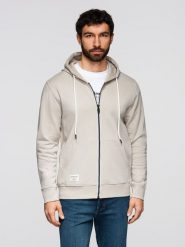 Bluza męska bawełniana dresowa BASIC rozpinana z kapturem - jasnobeżowa V1 - Rozmiar: M. Szare bluzy męskie Ombre Clothing, m, z aplikacjami, z bawełny, z kapturem. W wyprzedaży za 142.49 zł.