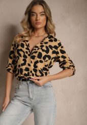 Ciemnobeżowa Koszula z Dodatkiem Bawełny w Cętki Efamara. Brązowe bluzki damskie Renee, l, bez wzorów, z bawełny, eleganckie, bez kołnierzyka, bez ramiączek. Za 49.99 zł.
