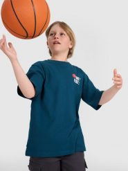 4F T-shirt oversize z nadrukiem chłopięcy - turkusowy 164 (13-14 lat). Niebieskie t-shirty dla chłopców 4f, bez wzorów, bez ramiączek. W wyprzedaży za 29.99 zł.