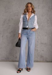 Niebieskie Jeansy High Waist Wide Leg z Bawełny Grynola. Niebieskie jeansy damskie Renee, z podwyższonym stanem. Za 109.99 zł.