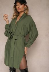 Zielona Sukienka Kimono z Wiskozy z Kieszeniami Zdobiona Ażurowymi Wstawkami Salithia. Zielone sukienki damskie Renee, l, z aplikacjami, z wiskozy, eleganckie, bez kołnierzyka, bez ramiączek, mini. Za 99.99 zł.