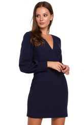 Elegancka sukienka mini z głębokim dekoltem V granatowa. Sukienki damskie Sukienki.shop, s, bez wzorów, eleganckie, bez kołnierzyka, bez ramiączek, mini, dopasowane. W wyprzedaży za 174.00 zł.