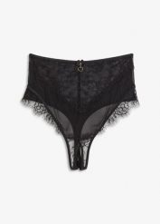 Stringi ouvert z wysoką talią. Czarne stringi damskie bonprix, bez wzorów, z koronki. Za 59.99 zł.