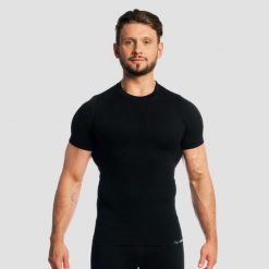 Koszulka męska fitness bezszwowa slim czarna Fuse. Czarne koszulki sportowe męskie GYMBEAM, m, bez wzorów, z elastanu, bez kołnierzyka, bez ramiączek, do biegania. Za 88.90 zł.