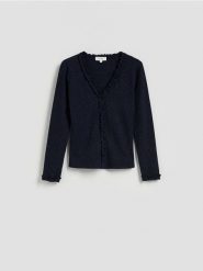 Bluzka z wiskozą - granatowy. Niebieskie bluzki damskie Reserved, l, bez wzorów, z dzianiny, bez kołnierzyka, bez ramiączek. Za 99.99 zł.