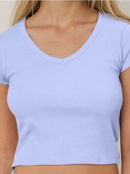 Koszulka basic w prążek - niebieski. Niebieskie t-shirty damskie Sinsay, l, bez wzorów, bez kołnierzyka. W wyprzedaży za 8.99 zł.