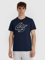 4F T-shirt regular z nadrukiem męski - granatowy XL. Niebieskie t-shirty męskie 4f, m, bez wzorów, z bawełny, klasyczne, bez kołnierzyka. Za 59.99 zł.