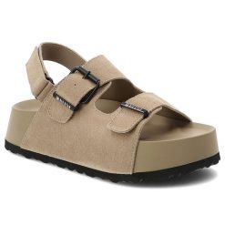 Sandały damskie Big Star, cholewka ze skóry naturalnej zamszowej z regulowanymi paskami na grubej platformie, beżowe, TT274235. Brązowe klapki damskie Big Star, bez wzorów, ze skóry, bez obcasa, na platformie, bez zapięcia. Za 215.90 zł.