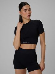 4F Crop top treningowy bezszwowy damski - czarny XS/S. Czarne t-shirty damskie 4f, s, bez wzorów, z materiału, sportowe, bez kołnierzyka. Za 79.99 zł.