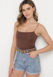 Brązowy Klasyczny Top z Wiskozą Soparisse. Brązowe bluzki damskie Born2be, l, bez wzorów, z jeansu, eleganckie, bez kołnierzyka, bez ramiączek. Za 39.99 zł.