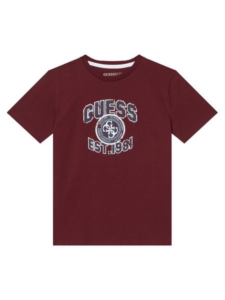 Guess T-Shirt L6RI13 K8HM4 Bordowy Regular Fit. Czerwone t-shirty dla chłopców Guess, z aplikacjami, z bawełny, bez ramiączek. Za 74.99 zł.