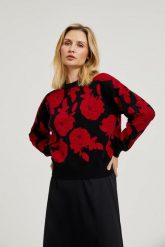 Sweter z nadrukiem róż czarny. Czarne swetry damskie MOODO, l, bez wzorów, z poliesteru, bez kołnierzyka, bez ramiączek, bez kaptura. W wyprzedaży za 74.98 zł.