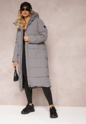 Szara Długa Kurtka Pikowana Płaszcz Mocno Ocieplona z Nieodpinanym Kapturem Naliope. Szare kurtki damskie Renee, na zimę, xl, bez wzorów. Za 159.99 zł.