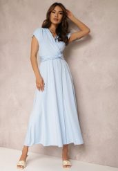 Jasnoniebieska Sukienka Kopertowa Appephone. Niebieskie sukienki damskie Renee, l, bez wzorów, z tkaniny, glamour, bez kołnierzyka, bez ramiączek, maxi, dopasowane. Za 84.99 zł.