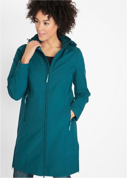Płaszcz softshell, z materiału odpychającego wodę. Niebieskie kurtki damskie bonprix, bez wzorów, z softshellu. Za 329.99 zł.