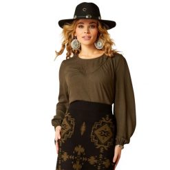 Bluzka damska Ariat Wisteria. Zielone bluzki damskie Ariat, bez wzorów, z jeansu, bez kołnierzyka, bez ramiączek. Za 263.50 zł.