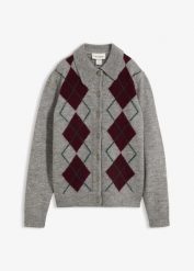 Sweter rozpinany z kołnierzykiem polo. Szare kardigany damskie bonprix, bez wzorów, eleganckie. Za 149.99 zł.