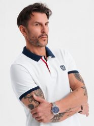 Męska koszulka polo z kolorowymi akcentami – biała V2 OM-POSS-0105 - XXL. Białe koszulki polo męskie Ombre Clothing, l, bez wzorów, z dzianiny, eleganckie, bez ramiączek. W wyprzedaży za 79.99 zł.