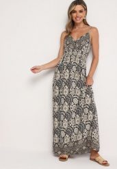 Czarno-Beżowa Wiskozowa Sukienka Boho na Ramiączkach z Gumką w Pasie Elorea. Czarne sukienki damskie Born2be, na lato, m, bez wzorów, z materiału, boho, bez kołnierzyka, bez ramiączek, maxi. Za 64.99 zł.