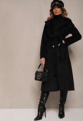 Czarny Długi Płaszcz Jednorzędowy z Paskiem w Talii Zeneti. Czarne płaszcze damskie Renee, xl, bez wzorów, z jeansu, eleganckie, długie, bez kaptura. Za 129.99 zł.