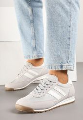 Szare Sneakersy z Ozdobnymi Paskami na Nieregularnej Podeszwie Kolarina. Szare obuwie sportowe damskie Born2be, bez wzorów, z jeansu. Za 99.99 zł.