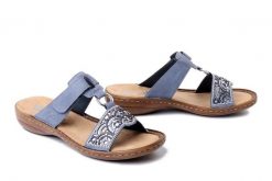 RIEKER 608K2-12 blue, klapki damskie. Niebieskie klapki damskie Rieker, bez wzorów, bez obcasa. Za 239.92 zł.