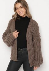 Brązowy Niezapinany Kardigan Oversize z Domieszką Wełny i Wiskozy Tianavia. Brązowe kardigany damskie Born2be, bez wzorów, z jeansu, długie. Za 169.99 zł.