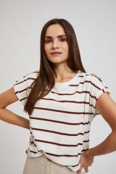 Bluzka w cienkie brązowe paski biała. Białe bluzki damskie MOODO, bez wzorów, bez kołnierzyka, bez ramiączek. W wyprzedaży za 23.99 zł.