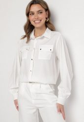 Biała Koszula z Wiskozą i Ozdobnymi Pagonami Beliven. Białe bluzki damskie Born2be, l, bez wzorów, z jeansu, eleganckie, bez kołnierzyka, bez ramiączek. Za 69.99 zł.