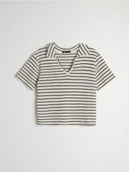 Bluzka w paski z kołnierzykiem z bawełną - wielobarwny. Bluzki damskie Sinsay, l, bez wzorów, z bawełny, bez kołnierzyka, bez ramiączek. Za 35.99 zł.