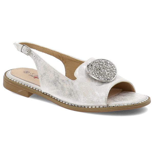 Sandały damskie S. Barski, na płaskim obcasie ze skóry ekologicznej z ozdobą ze sprzączką, srebrne, KV51-083. Szare sandały damskie S.BARSKI, z aplikacjami, ze skóry ekologicznej, bez obcasa, na płaskiej podeszwie, bez zapięcia. Za 109.00 zł.