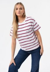 Koszulka w paski T-PASSI. Czerwone t-shirty damskie Volcano, m, bez wzorów, z bawełny, eleganckie, bez kołnierzyka. Za 59.99 zł.