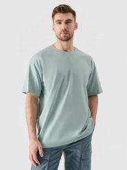 4F T-shirt oversize z nadrukiem męski - turkusowe L. Niebieskie koszulki sportowe męskie 4f, l, bez wzorów, z bawełny, klasyczne, bez kołnierzyka. W wyprzedaży za 39.99 zł.
