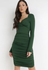 Ciemnozielona Sukienka Evothee. Zielone sukienki damskie Born2be, na imprezę, l, bez wzorów, z dzianiny, bez kołnierzyka, bez ramiączek, mini, dopasowane. Za 129.99 zł.