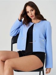 Żakiet - niebieski. Niebieskie żakiety damskie Sinsay, l, bez wzorów. Za 49.99 zł.