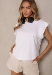 Biały Top z Bawełny Ozdobiony Falbanką Galanetia. Białe bluzki damskie Renee, bez wzorów, z bawełny, klasyczne, bez kołnierzyka, bez ramiączek. Za 49.99 zł.