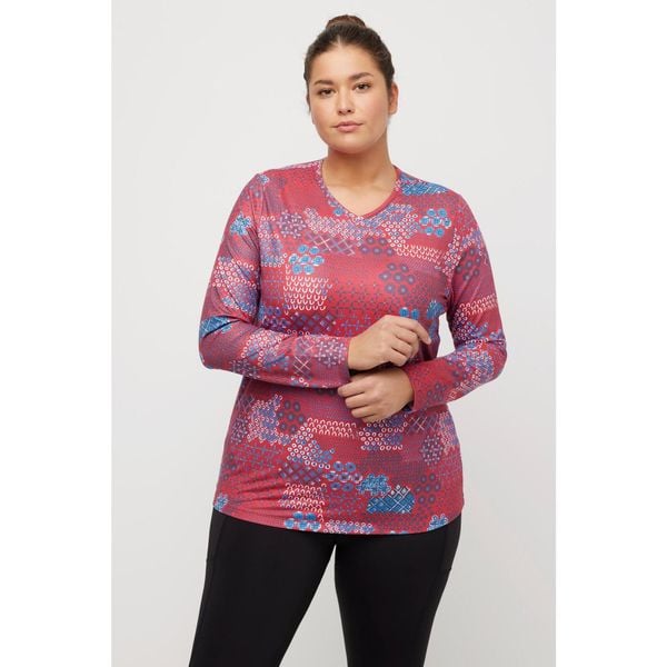 Damskie Koszulka narciarska wzorzysta dekolt w szpic długi rękaw pętla. Czerwone t-shirty damskie Ulla Popken, plus size, bez wzorów, z elastanu, sportowe, bez kołnierzyka. Za 176.99 zł.