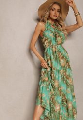 Zielona Sukienka w Stylu Boho z Gumką w Talii i Ozdobnym Wiązaniem Piofara. Zielone sukienki damskie Renee, na lato, m, bez wzorów, z materiału, boho, bez kołnierzyka, bez ramiączek, maxi. Za 69.99 zł.