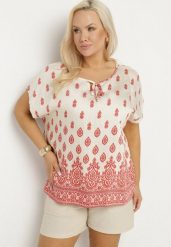 Biało-Czerwona Bluzka w Boho Wzór z Wiązaniem przy Dekolcie Jenalia. Czerwone bluzki damskie Born2be, xl, bez wzorów, z jeansu, boho, bez kołnierzyka, bez ramiączek. Za 39.99 zł.