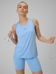 4F Top treningowy loose szybkoschnący damski - niebieski S. Niebieskie koszulki sportowe damskie 4f, s, bez wzorów, ze skóry, bez kołnierzyka, bez ramiączek, na fitness i siłownię. Za 79.99 zł.