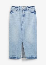 Spódnica dżinsowa midi. Niebieskie spódnice damskie bonprix, bez wzorów, z denimu, midi. Za 127.99 zł.