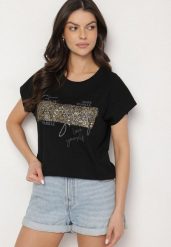Czarny T-shirt z Bawełny Typu Nietoperz z Cyrkoniami i Perełkami Linellis. Czarne bluzki damskie Born2be, l, z aplikacjami, z bawełny, bez kołnierzyka. Za 34.99 zł.